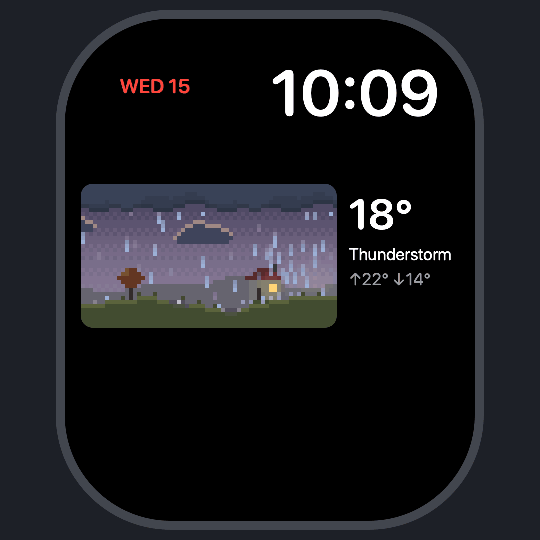 AniMeteo showing an animated pixel-art thunderstorm in an Apple Watch complication.